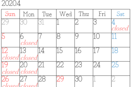 4月定休日のお知らせ